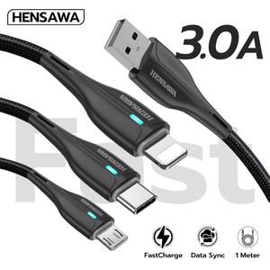 HENSAWA รุ่น US3098 สายชาร์จโทรศัพท์ 3A USB สายชาร์จเร็วไมโคร สายPVC 1 เมตร Fast Charge Cable & Sync ชาร์จไว สำหรับ iPhone Huawei Realme OPPO USB-C สายชาร์จโทรศัพท์มือถือ