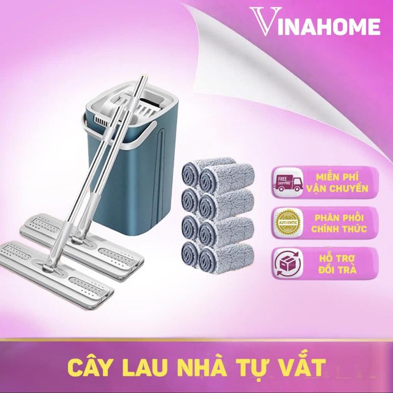 Bộ cây lau nhà 1 thùng + 2 cây lau + 8 bông lau tự vắt thông minh đầu xoay 360 độ tiện lợi Lau Sàn Làm Sạch