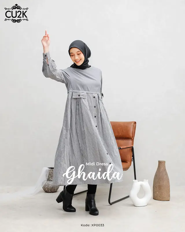CU2K Midi Dress Katun Ghaida Viral Midi Katun Motif Garis Muslim Nyaman Simple 0