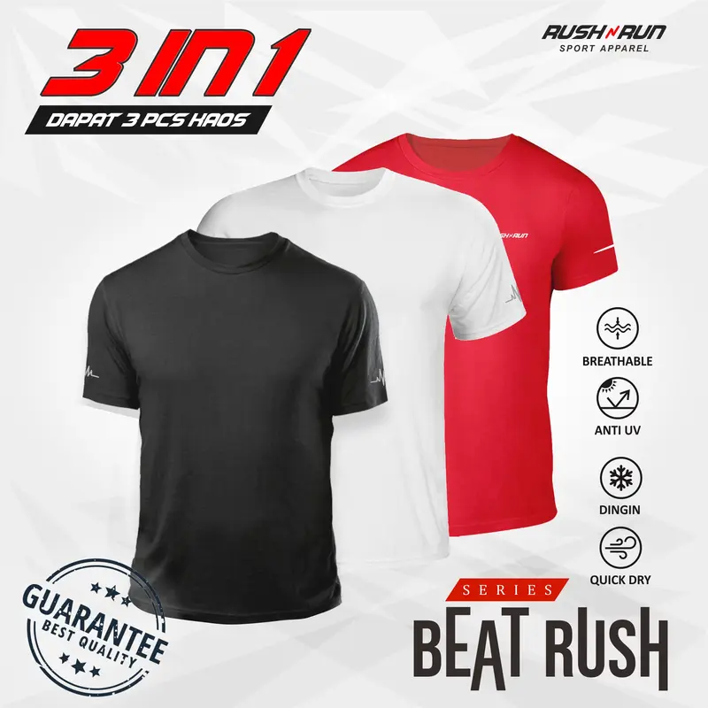 Paket 3 Kaos Olahraga Pria Sport T-Shirt By Rush n Run Bahan Dryfit 0