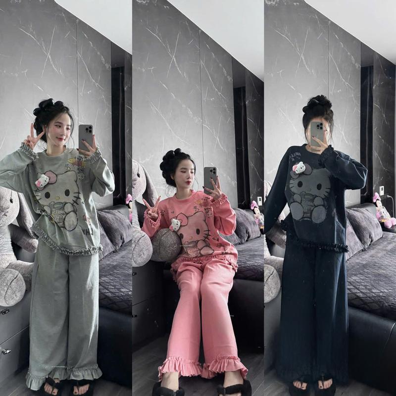 ( Kèm Mèo Bông ) Set Bộ Bèo Hoạt Hình Viền Cổ Tròn Dài Tay Quần Ống Suông Đồ Bộ Nữ Thu Đông