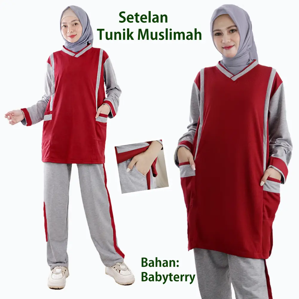 Setelan Olahraga Wanita Muslim Hijab Senam Training Tunik Muslimah Lengan Panjang XL XXL XXXL Baju Celana Panjang