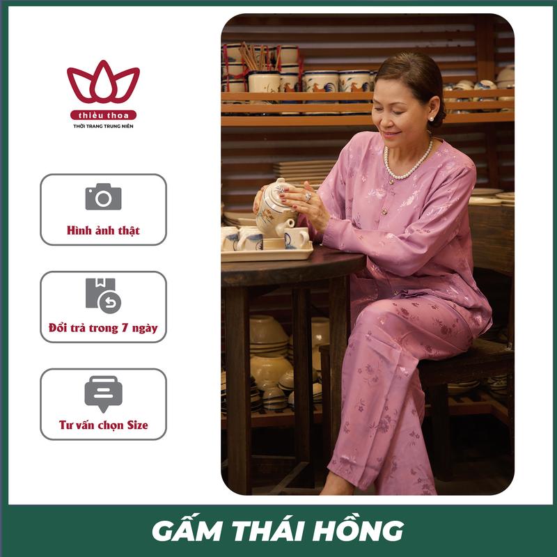 Đồ Bộ Gấm Cho Người Già, Bộ Đồ Bà Ba Trung Niên Lụa Hoa Thêu Nổi Dành Tặng Mẹ Sang Trọng Nhiều Màu - Thiều Thoa Store Thời Trang Trung Niên U50 Nữ Women Áo Top Vàng Sen Voi Kem Sò