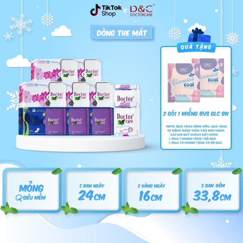 Combo 10 gói Băng vệ sinh D&C Doctor Care mát lạnh (5 ban ngày 24cm, 3 ban đêm 33,8cm và 2 gói hàng ngày 16cm) - băng vệ sinh mát lạnh - [Tặng 3 miếng bvs Glamiss Cool Ban Ngày]