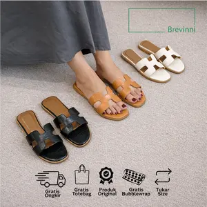 Brevinni Alba Sandal Flat Sendal Wanita Kulit Croco Selop Premium Kekinian Aesthetic Terbaru Black Size 35-41 Tinggi Sol 1cm