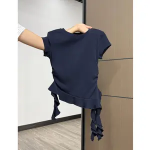 kaos polos kerut round neck lengan pendek slim atasan wanita kekinian terlaris hip korean style