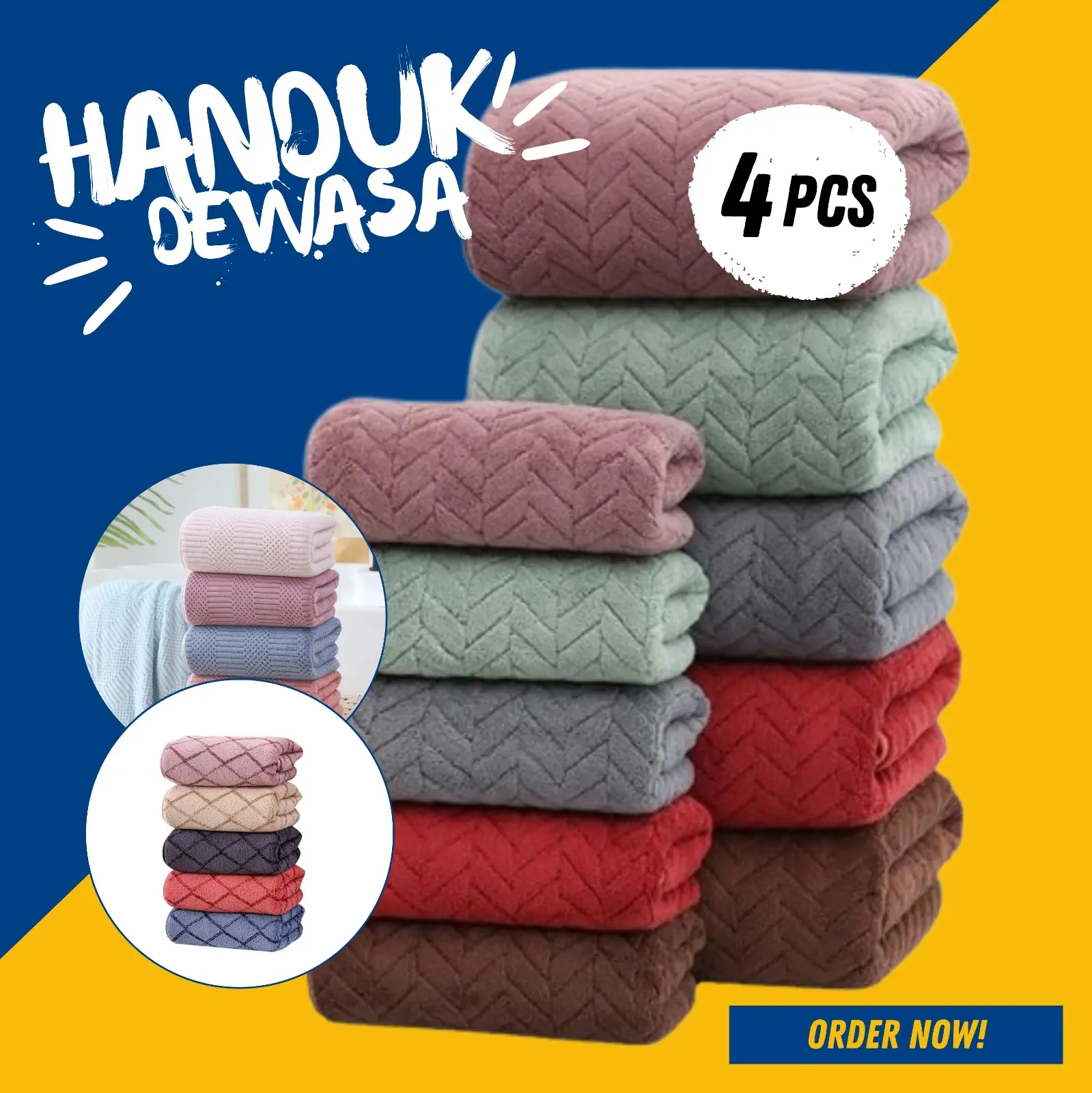 Promo 4 pcs handuk mandi uk dewasa 70 x 140 cm - bahan microfiber - halus lembut - random warna dan motif