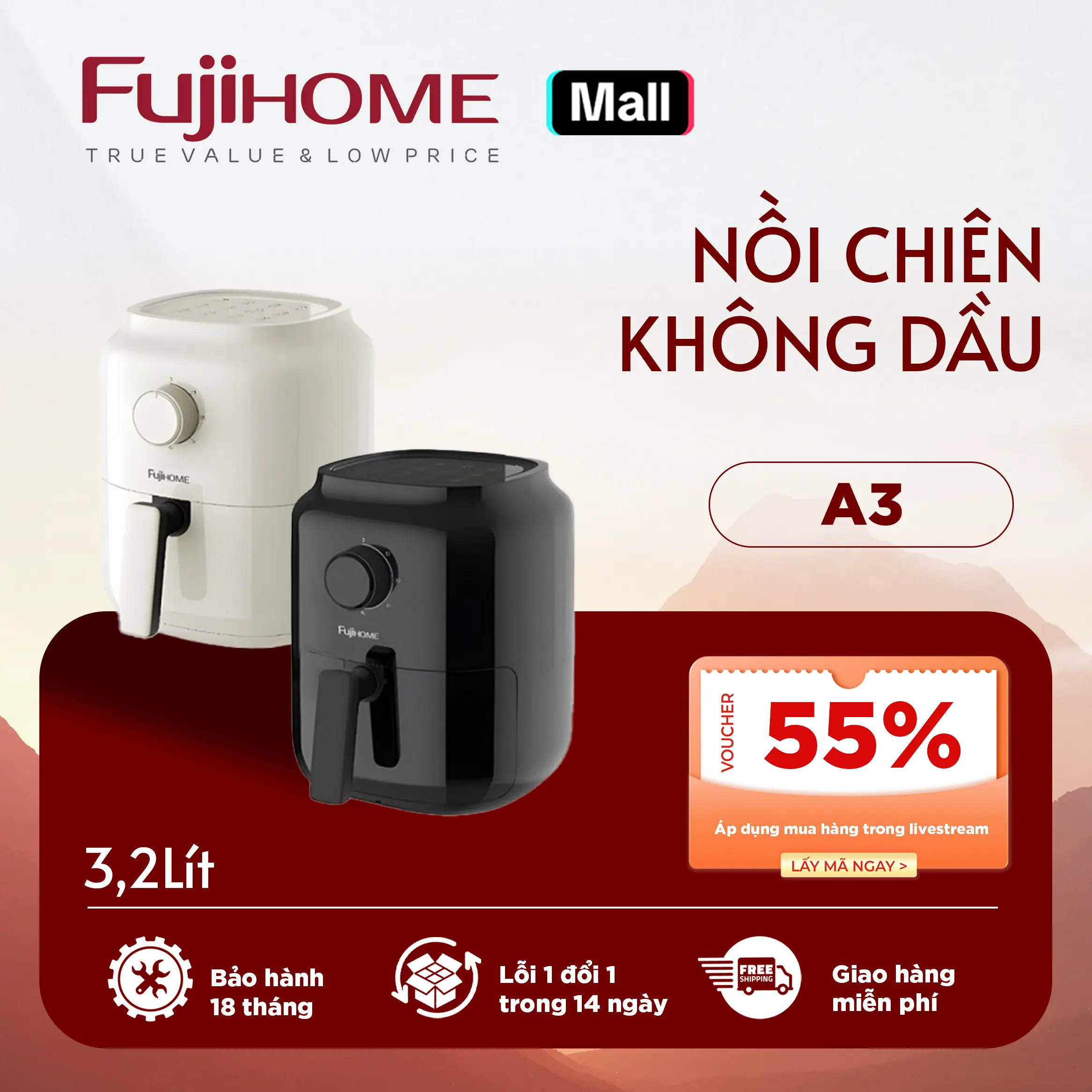 Nồi chiên không dầu mini FUJIHOME A3 dung tích 3.2 lít chống dính cao cấp, công suất 1300w - Bảo hành 24 tháng