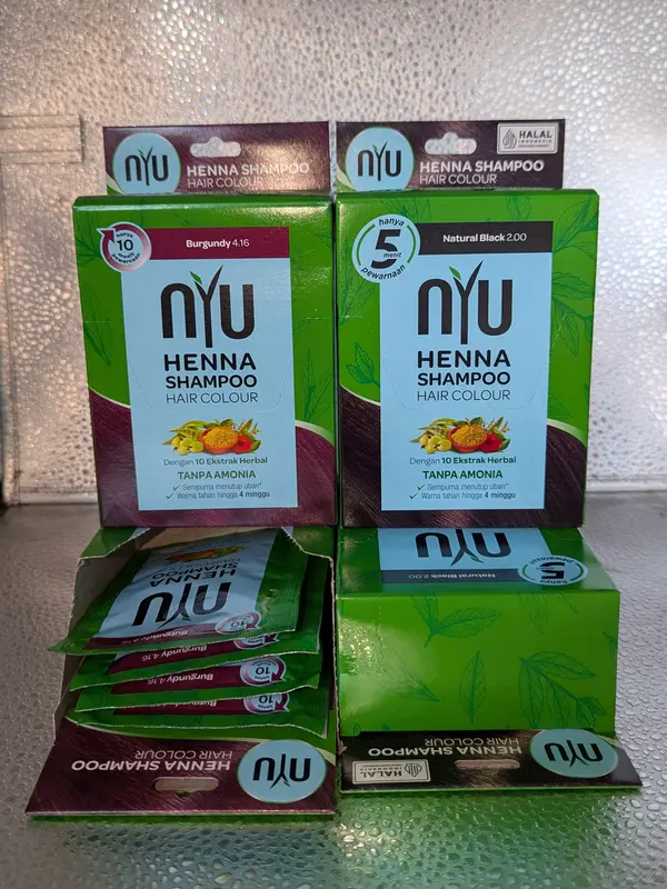 NYU HENNA SHAMPO 1BOX ISI 4 PCS NYU Henna Shampoo Hair Colour Color / Shampo Pewarna Rambut / Semir Cat Rambut Per Sachet 20ml permanen 1