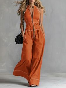 Mono para mujer sin mangas con cuello alto, color sólido y cremallera, estilo casual holgado para uso diario y trabajo; pieza única cómoda y elegante para uso diario
