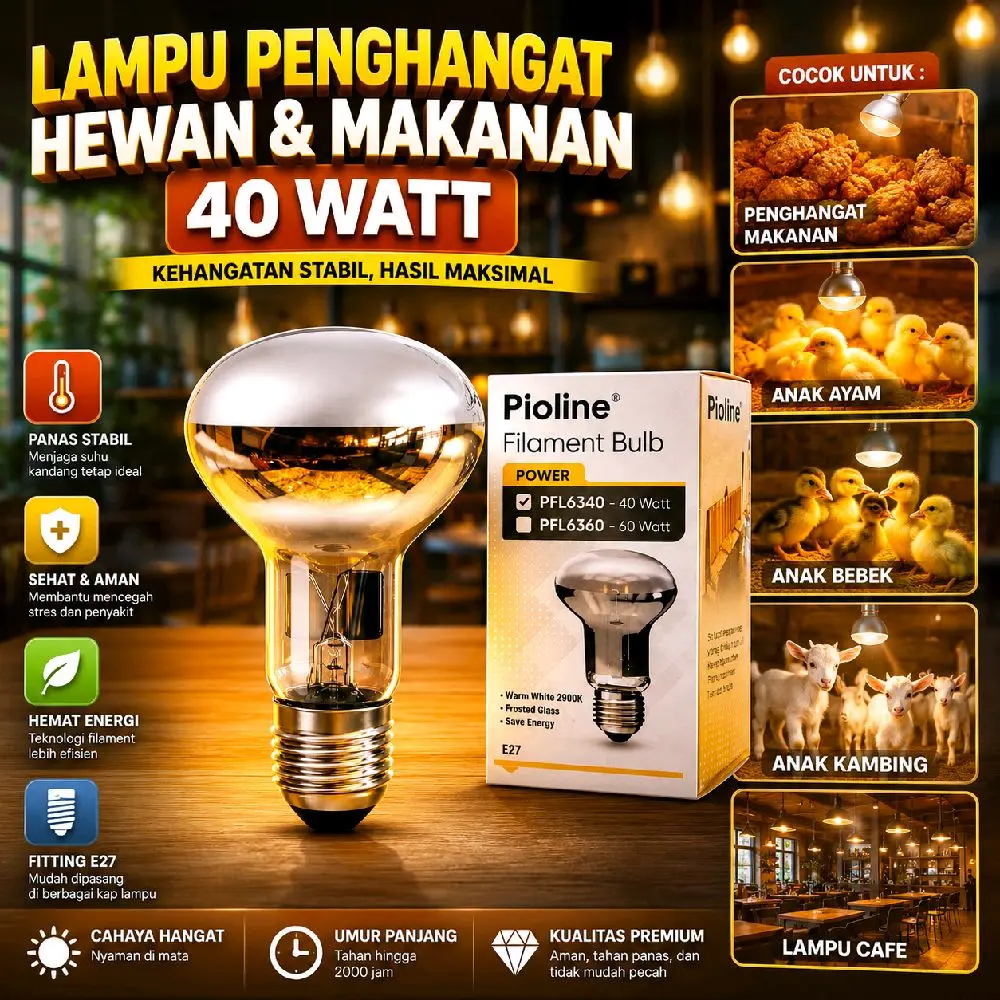 Lampu Penghangat 40W E27 | Makanan Tetap Hangat • Cocok untuk Anak Ayam, Bebek & Kambing