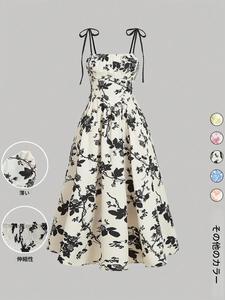 女性の花柄のネクタイショルダーキャミドレス、ファッションカジュアルノースリーブスパゲッティストラップドレス毎日のアウトドアウェア、女性のドレス夏