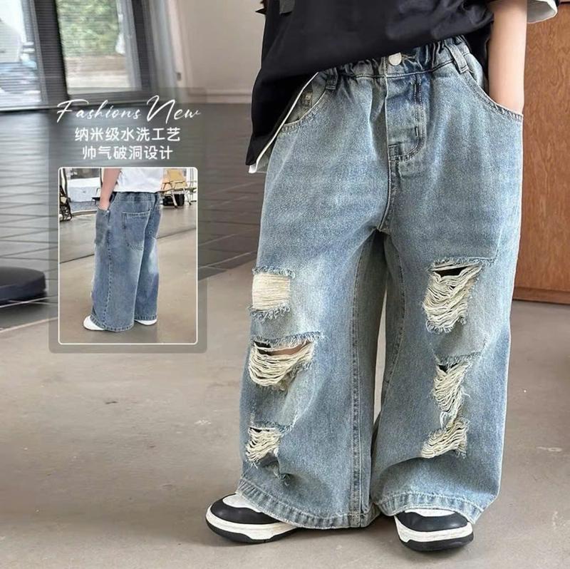  Quần jean SUÔNG RÁCH dáng dài chất jean mềm phối đồ phong cách hàn cho bé đi học đi chơi size 10-30kg 