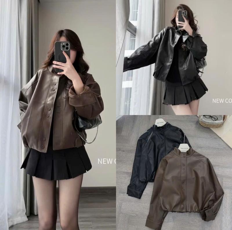 Áo Da Nữ Dáng Bomber Forgirl Áo Da Bo Gấu Cổ Tàu 2 Lớp lót Gió New 2025