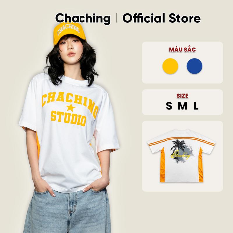 Áo Thun Unisex In Hoạ Tiết Cây Dừa Thêu Nổi Logo ChaChing, Áo Phông Nam Nữ Form Oversize Chât Thun Cotton Mềm Mại, Thấm Hút Tốt