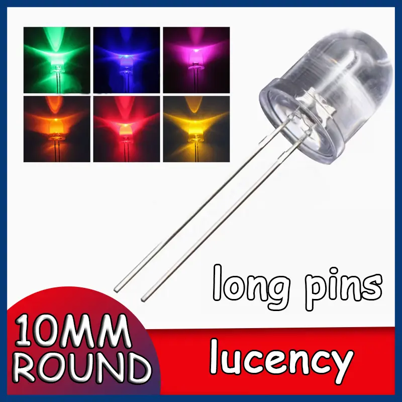 10pcs LED LED light emitting diode F10/10mm round head transparent long foot with edge white red blue green yellow straight insert LED lamp beads