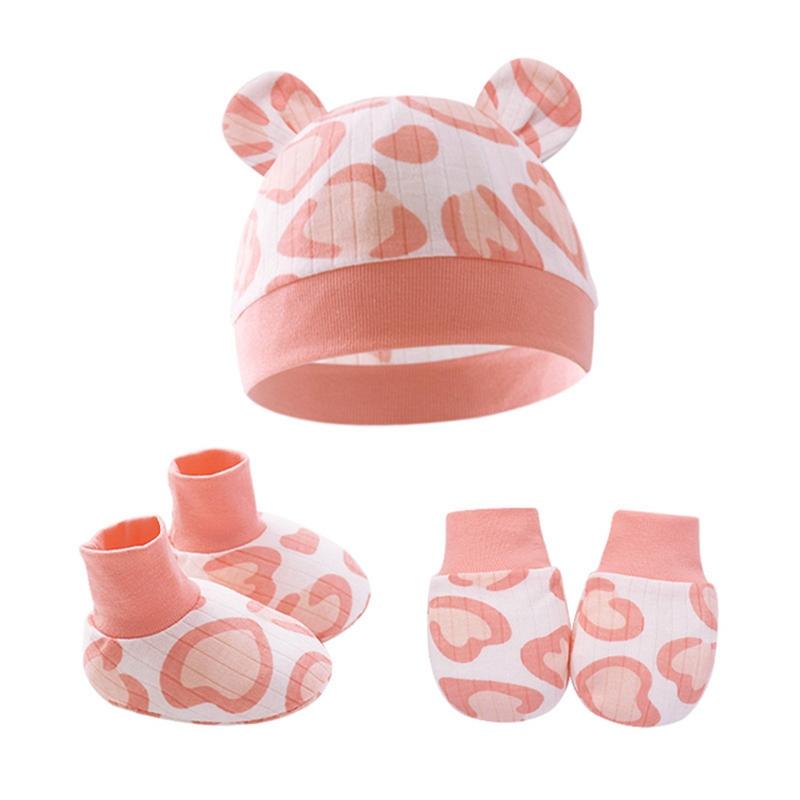 0-6M Baby Fetal Hat Anti-scratch Gloves Foot Cover 3 Pieces Set Newborn Ear Hat 2