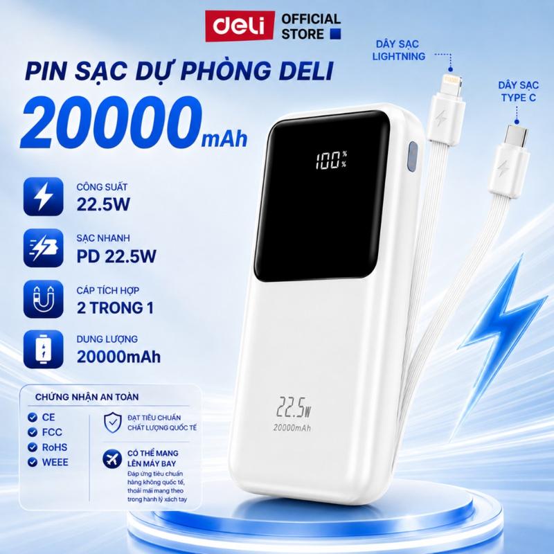 Pin Sạc Dự Phòng DELI 10000mAh 20000mAh Sạc Nhanh 22.5W Tích Hợp 2 Dây Cáp Sạc Nhiều Thiết Bị