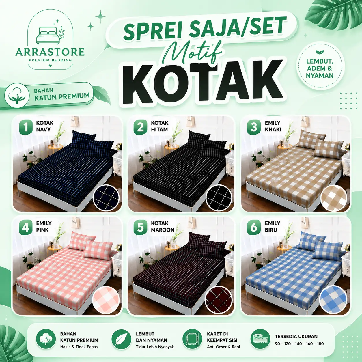 Sprei Aesthetic Motif KOTAK Homemade Monochrome Korean Style Sudut Karet
