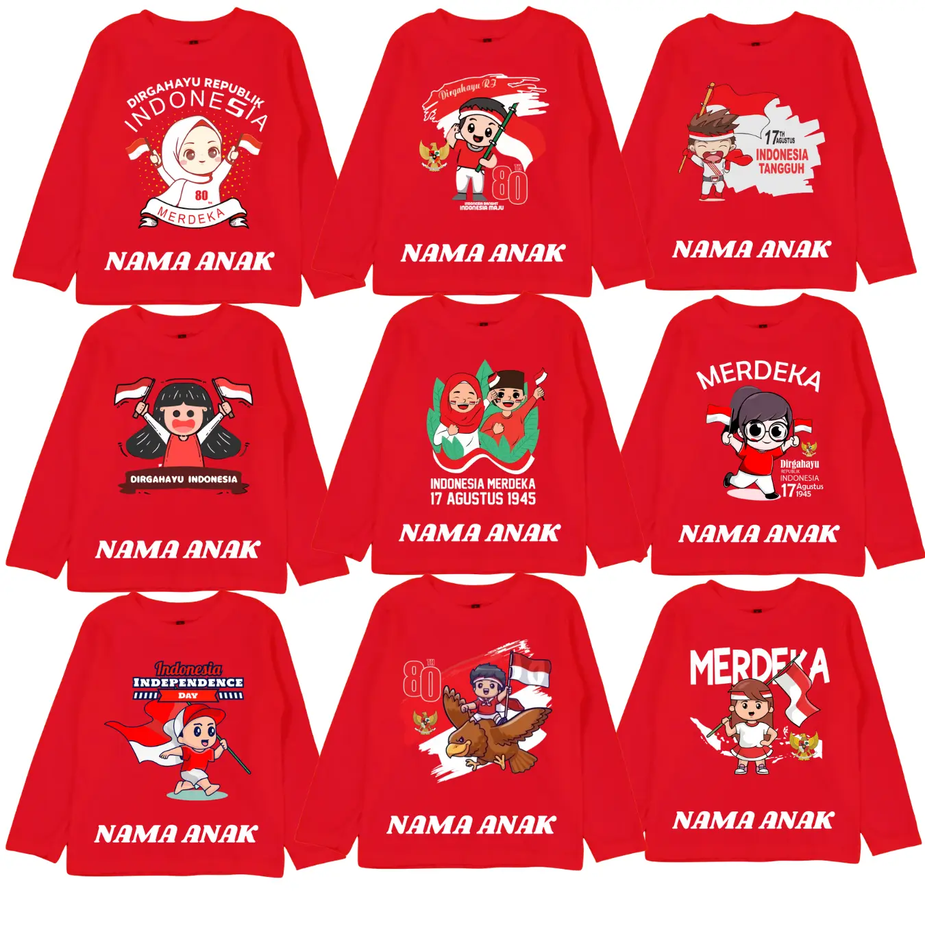 Kaos Anak Panjang Laki-laki Perempuan 17 Agustusan Special Kemerdekaan - Bahan Lembut 100% Katun, Sablon DTF Kuat Tidak Luntur, Custom Nama/Gambar, untuk Usia 2-12 Tahunn