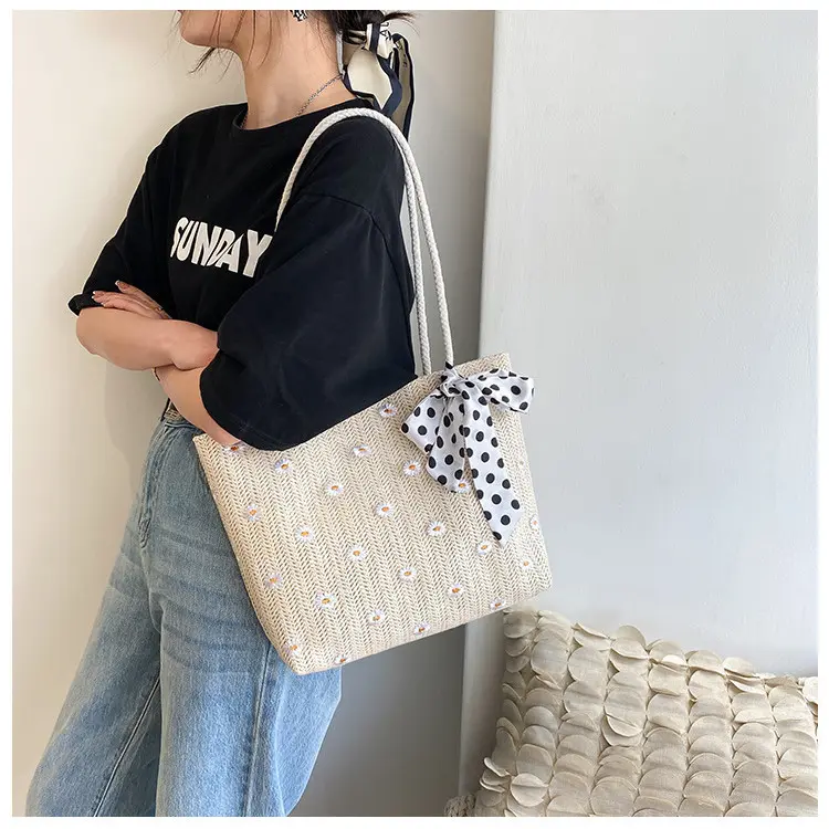 Totebag Kuliah Bahan Anyam Jerami Daisy Dengan Syal Polka Koreain Style Import - BAO158 Anyaman Wanita 4