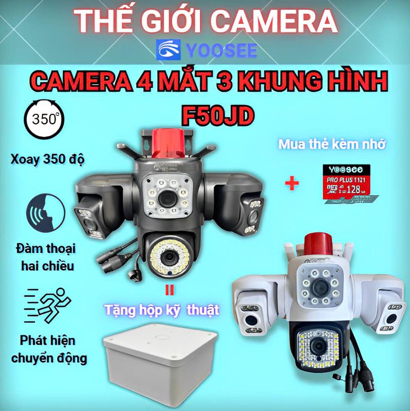 (Tặng Hộp KT khi Mua Cam kèm thẻ nhớ ) CAMERA WIFI YOOSEE F50JD 4 MẮT 3 MÀN HÌNH NGOÀI TRỜI CHỐNG NƯỚC-CÓ ĐÈN BÁO ĐỘNG-XOAY 360-ĐÀM THOẠI 2 CHIỀU-ĐÊM CÓ MÀU