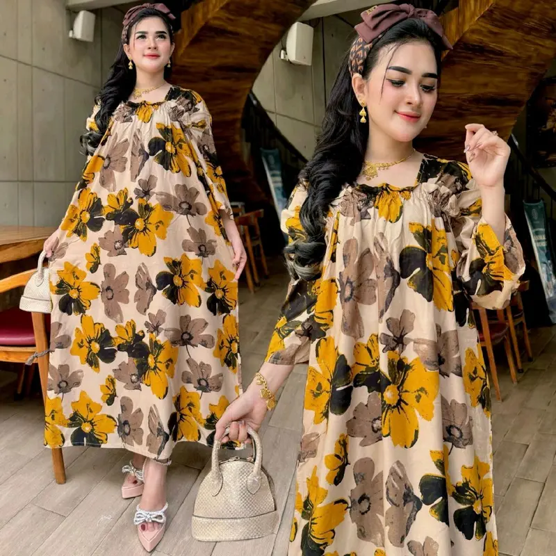 Longdres fuji daster panjang motif bunga cantik kekinian Tebal Rayon Karet Wanita 3