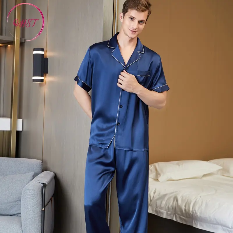 QHST Piyama Pria Biru Tua Solid Set Satin Warna Lunak | Lengan Pendek Celana Panjang Pajamas Import | Pria Baju Tidur 0