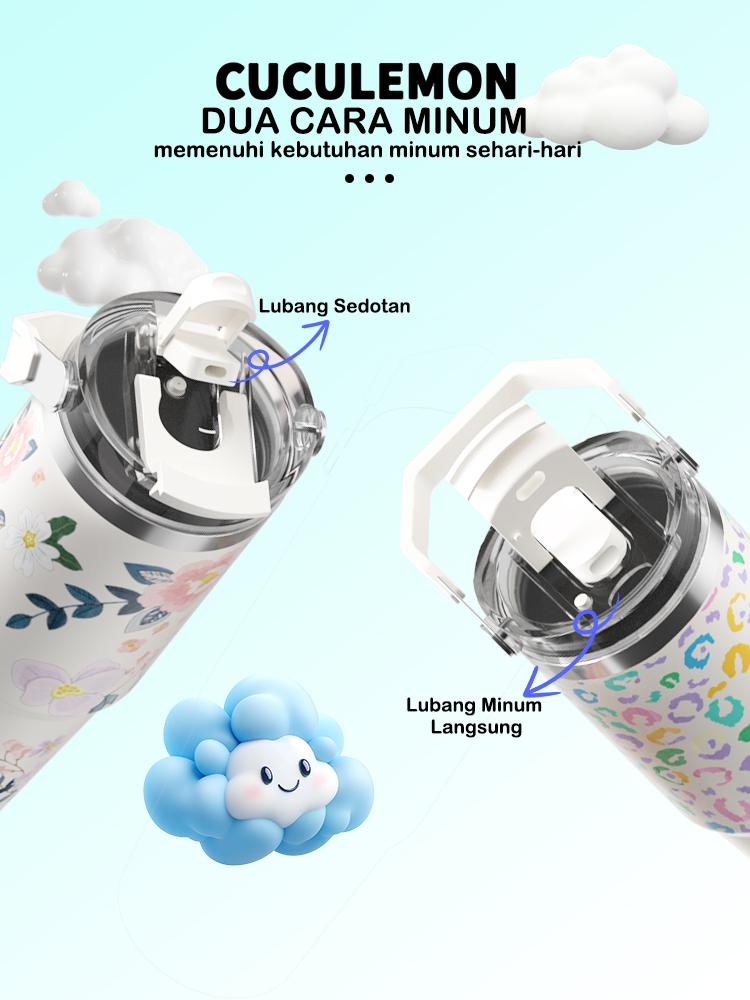 Cuculemon Tumbler Stainless 890ml | Vacuum Flask Hot & Cold 24 Jam, Anti Bocor, Dengan Sedotan & Handle, Motif Sunflower / Lip Print Aesthetic tumblers stainless botol minum sport cup bottle tumbler lucu cewek tumblers hydropack