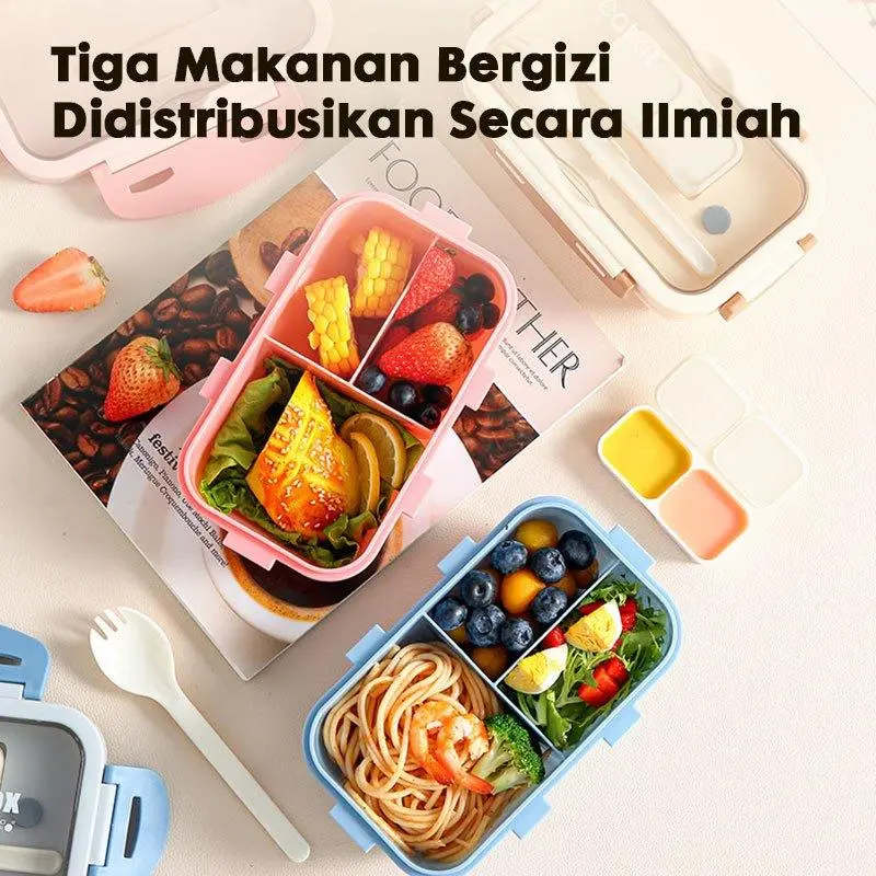 eatkit 3 in 1 Kotak Makan Set 840ml Desain Kompartemen Lunch Box Microwave Gratis Alat Makan Box Saus Kitchenware 2