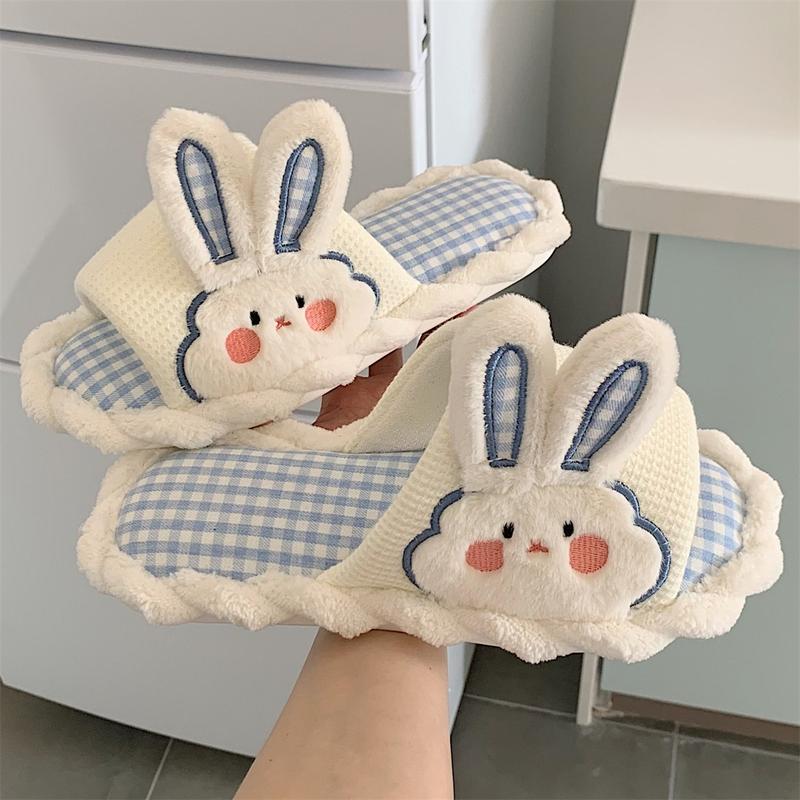 XIXITIAO Dép lê Hàn Quốc dành cho nữ Dép đi trong nhà bằng vải cotton và vải lanh mọi mùa hình thỏ con dễ thương Dép đi trong nhà bằng PVC