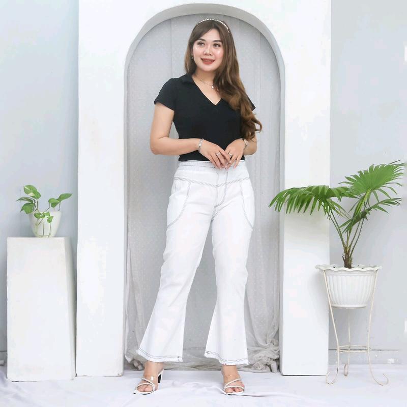 Celana Jeans Rawis Cutbray Pinggang karet atlentis  kulot wanita Bahan semi Jeans pinggang fuul karet Model Citbray Nyaman Panjang 1