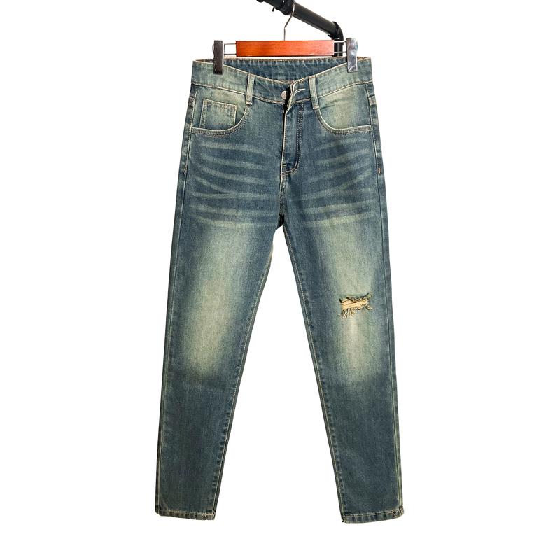 Quần jean nam xanh retro rách chất liệu bò co dãn 4 chiều form dáng skinny đẹp QJN9E445 Pants Menswear Có Túi