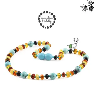 Amber Buddy | XR53M-TQ Kalung Bayi Baltic Amber Kombinasi Turquoise - 32cm.