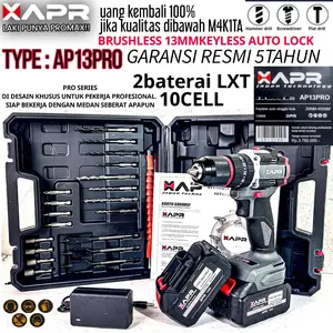 APR BOR BATERAI TYPE AP13 PRO BRUSHLESS 13MM KEYLES AUTO SINGGLE LOCK ACCECORIS PREMIUM BESI BETON BAJA SEKRUP BAUT UNTUK KERJA PROFESIONAL