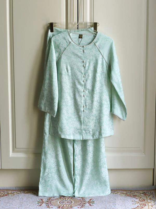 DL157 GẤM CẢ BỘ XANH PASTEL ( Họa Y Pháp Phục) bộ Đồ Lam Đi chùa - Phật Tử Nữ - Chất lụa cao cấp- Size S M L XL  XXL-Truyền Thống Thường Mặc Women thanh Lịch  áo hoa sen Voi trung niên bà ba big