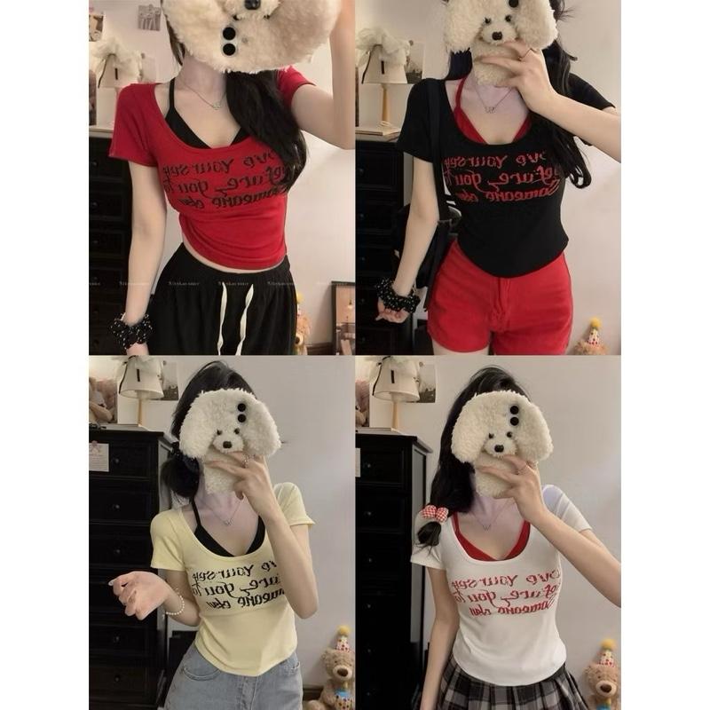 (Size từ xs-3xl) Áo tay ngắn phối yếm cột cổ xinh xinh nhẹ nhành