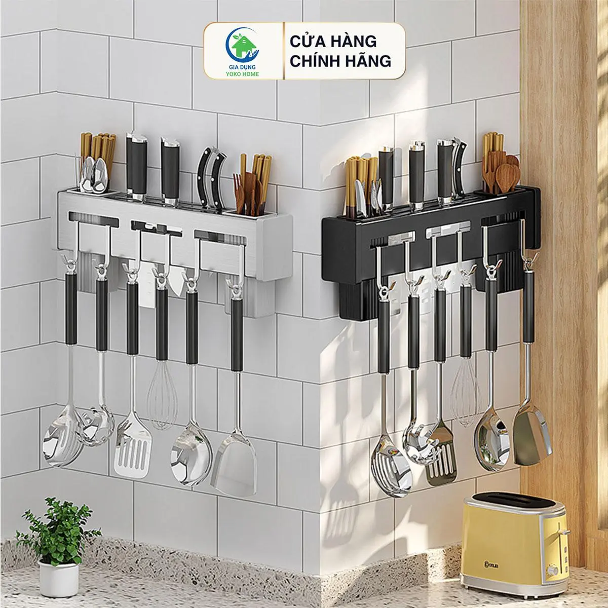 Kệ Treo Nhà Bếp Đa Năng, Giá Cài Dao Kéo Ống Đũa Tiện Ích Inox Tặng Keo Không Cần Khoan Đục