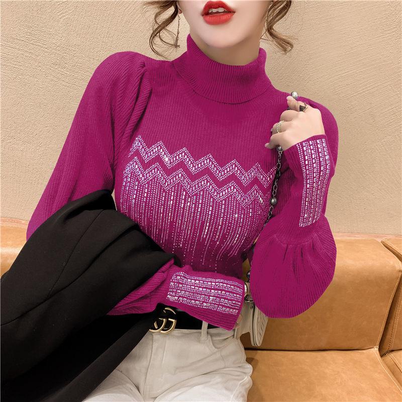 Product Introduction of Solid Color Diamonds Turtleneck  Sweaters Autumn Winter Female Commute Fashion Lantern Sleeve Thick Knitted Jumpers 12
