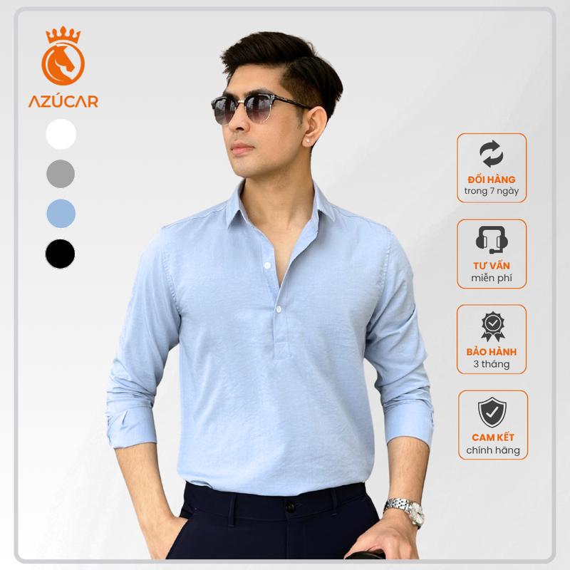 Sơ Mi Đũi Cổ chui dài tay AZÚCAR Mát mẻ , lịch sự và siêu thoải mái Áo Menswear Cổ Tròn Shirt Đen somidep