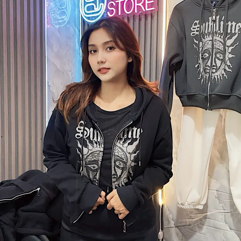 Zipper Crop Wanita Band Sublime - Hoodie Zipper Crop Bahan Fleece Lembut Halus Tebal 280-320GSM Sweater Crop Zip Basic Tangan Panjang - Hoodie Wanita Jaket Resleting 4