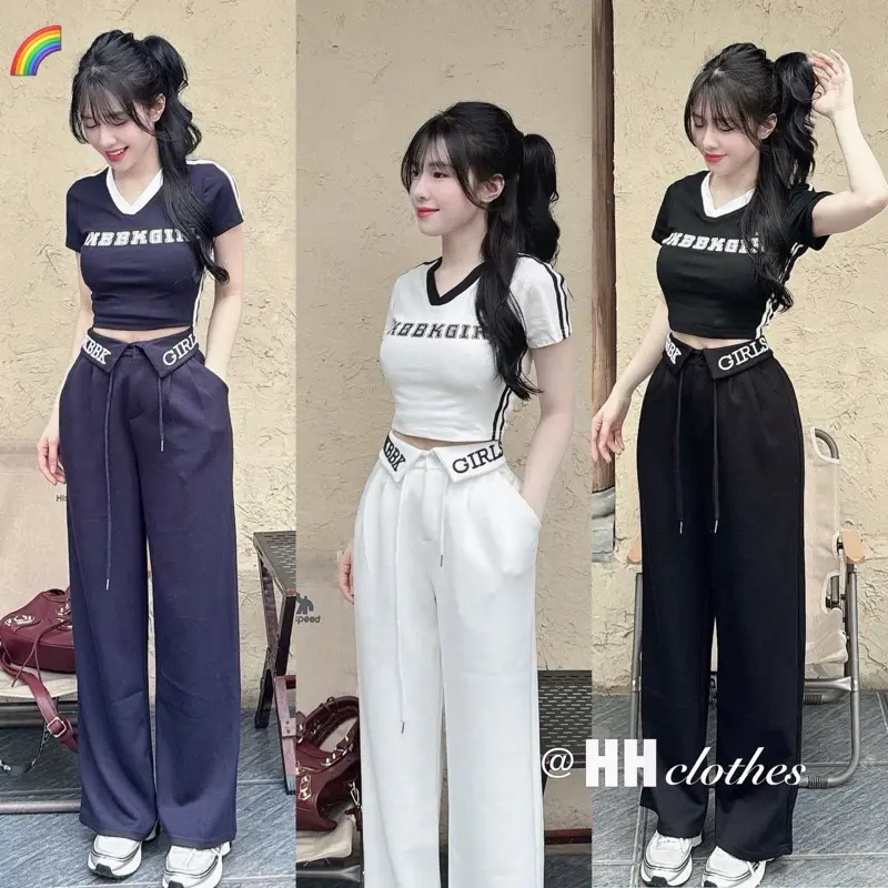 SET ÁO ZIP CHỮ ROK GIRL CỔ TIM MIX QUẦN SUÔNG CẠP CHỮ LƯNG LẬT LAI - HÀNG QCCC