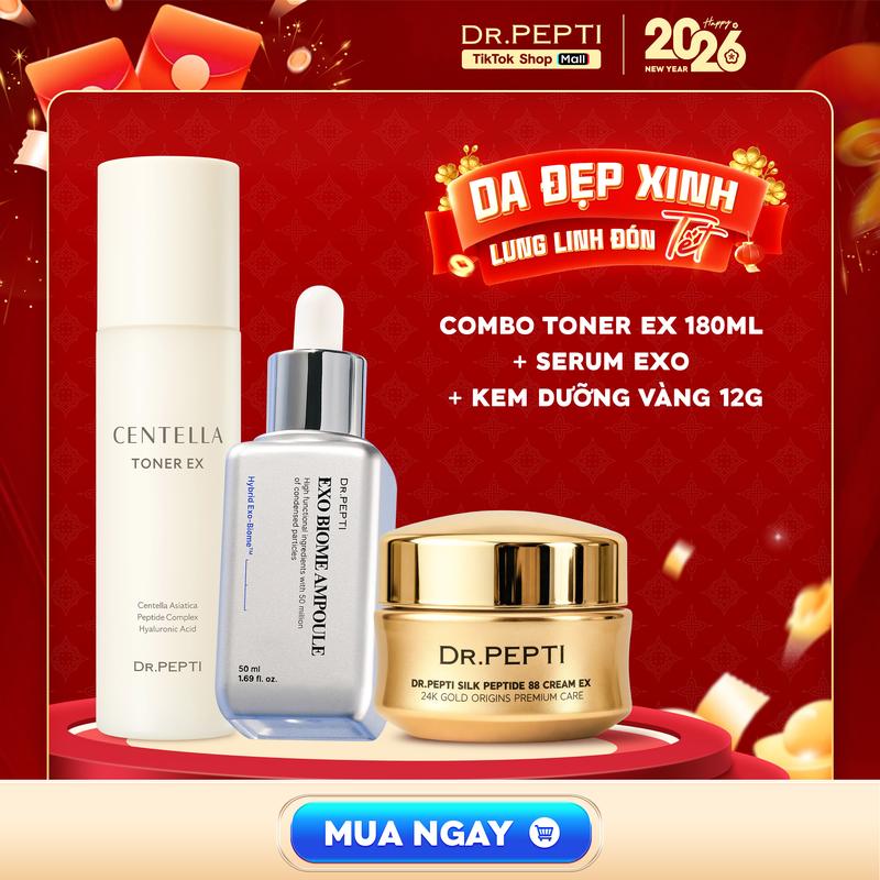 DR.PEPTI Combo Chống Lão Hóa Căng Bóng Da Nước Hoa Hồng Centella Toner EX 180ml Tinh Chất Exo Biome Ampoule 50ml & Kem Dưỡng Silk Peptide 88 Cream EX 12g