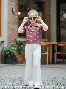 Setelan Anak Perempuan Bahan Knit Celana Kulot Plisket Motif Pita Usia 06 Bulan Sampai 10 Tahun Desain Cantik Nyaman untuk Berbagai Acara