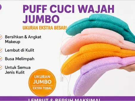 Puff cuci wajah jumbo extra tebal, lembut untuk semua kulit. Hasilkan busa melimpah, angkat sisa makeup & kotoran pori. Kulit jadi halus glowing, makeup lebih menempel. Ada pegangan tangan, mudah cuci & cepat kering, banyak pilihan warna.