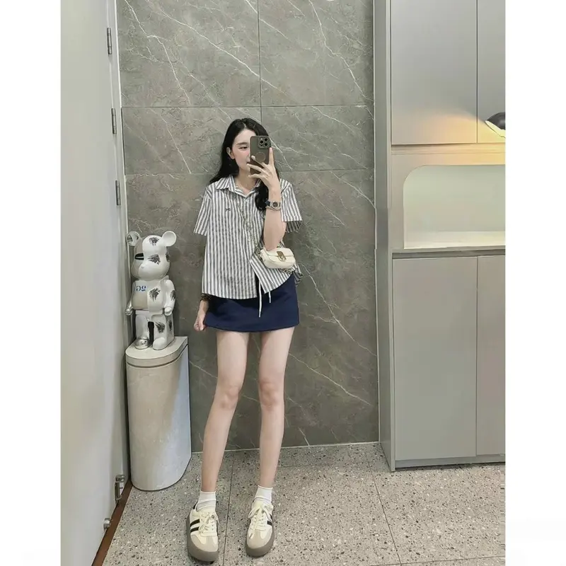 Áo sơ mi kẻ sọc nữ cộc tay thêu nơ kiểu dáng hàn quốc 2
