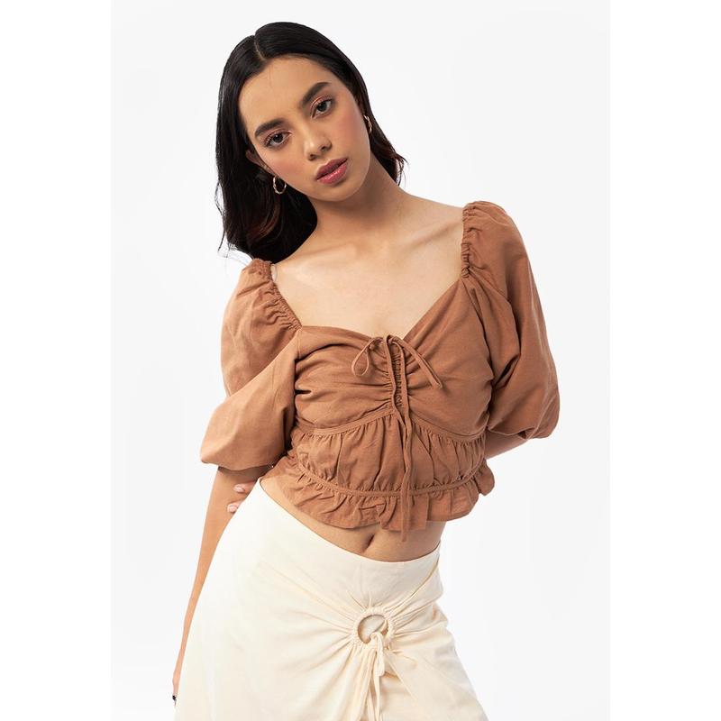 COLORBOX Puff Sleeves Cropped Top I-BSWFCR124F011 Brown BROWN XL