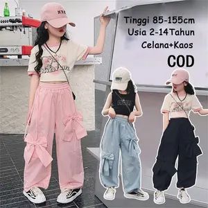 Setelan Fashion Anak Perempuan | Celana Cargo+Atasan | Kulot | ootd  Korean  | Usia 2-14 Tahun