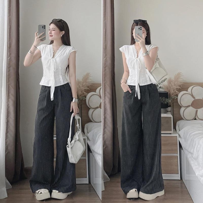 [Xả Kho] Áo Ren Xô Boi Cổ V Tay Hến Cột Nơ”SAREL TOP” siêu xinh-Dành Cho Nữ