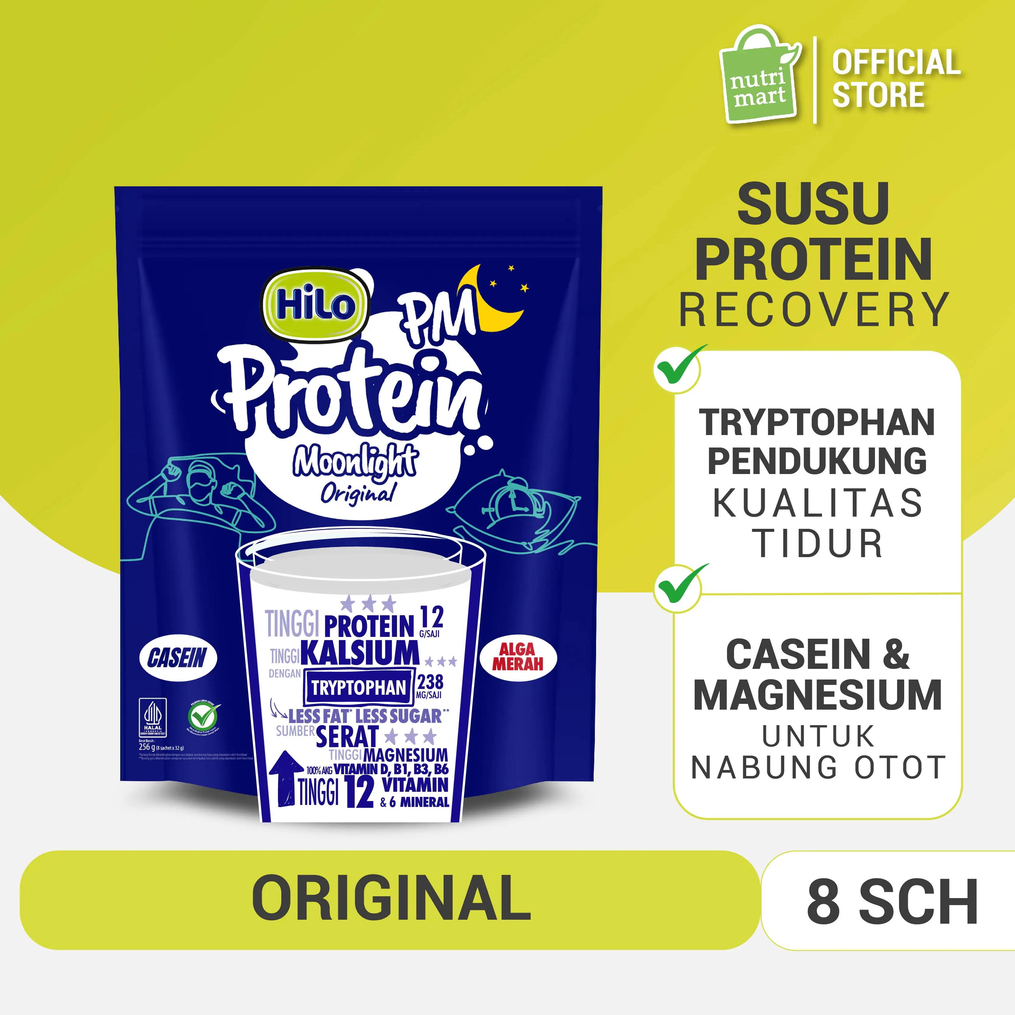 HiLo Protein PM Moonlight Original 8 sch - Susu Casein Recovery dengan Tryptophan Dan Magnesium